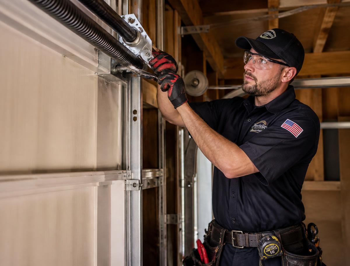 Garage door technician repairing a door spring